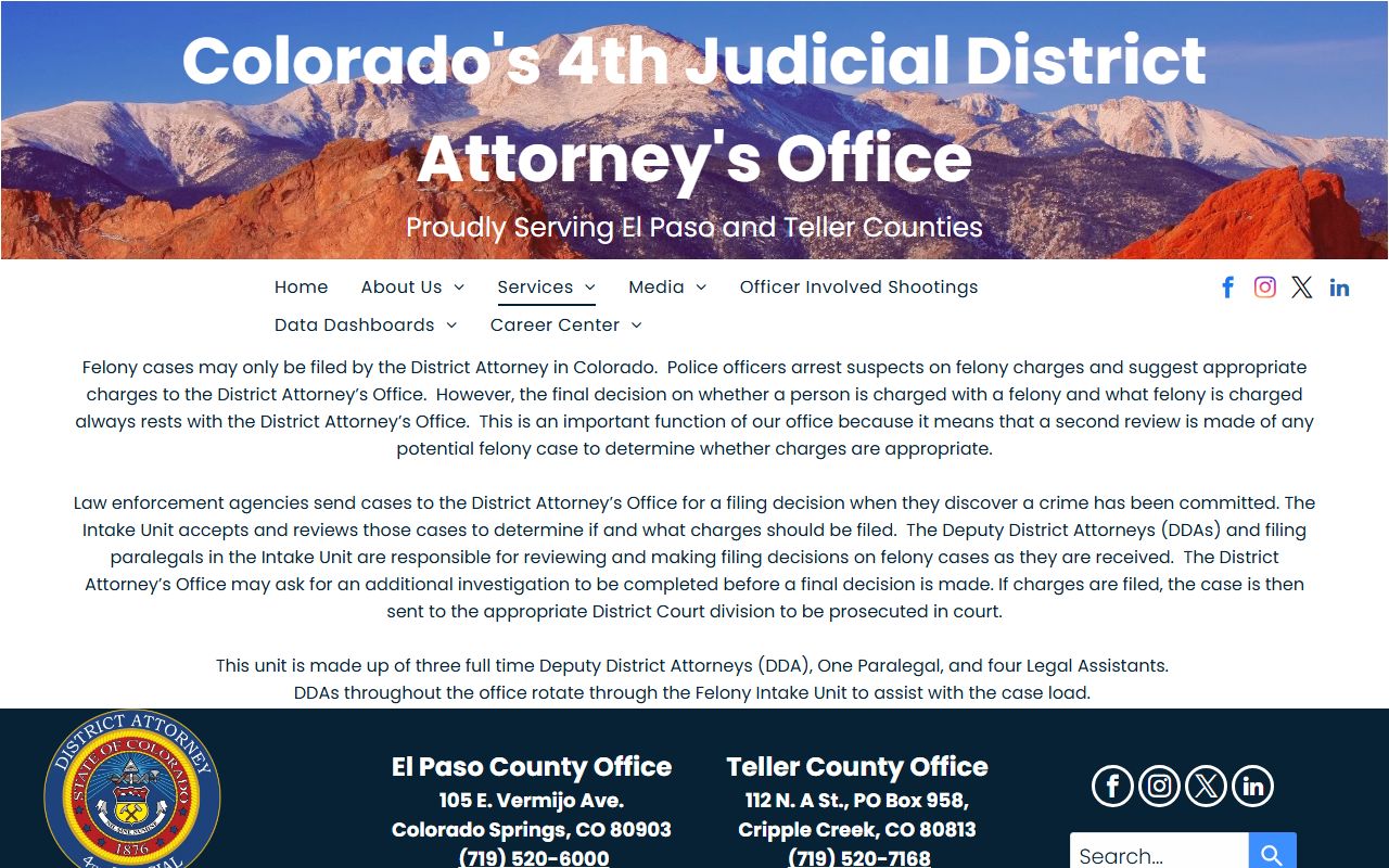 Fourth Judicial District Attorney felony intake page for El Paso County arrest charge filing