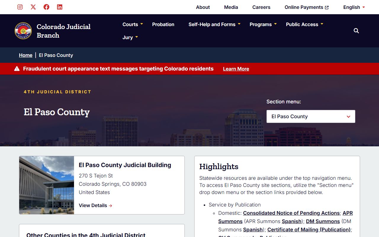 El Paso County Judicial Building records request page for court records after jail arrest