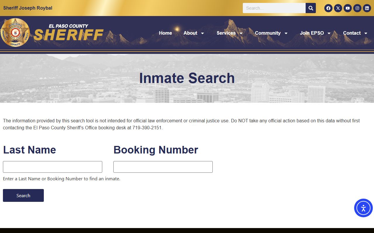 El Paso County Sheriff inmate search form with last name and booking number fields
