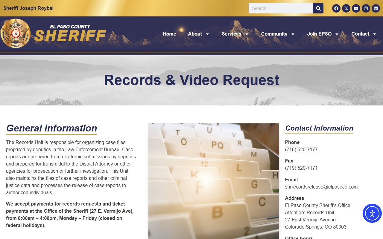 El Paso County Sheriff Records and Video Request page with records contacts and request resources