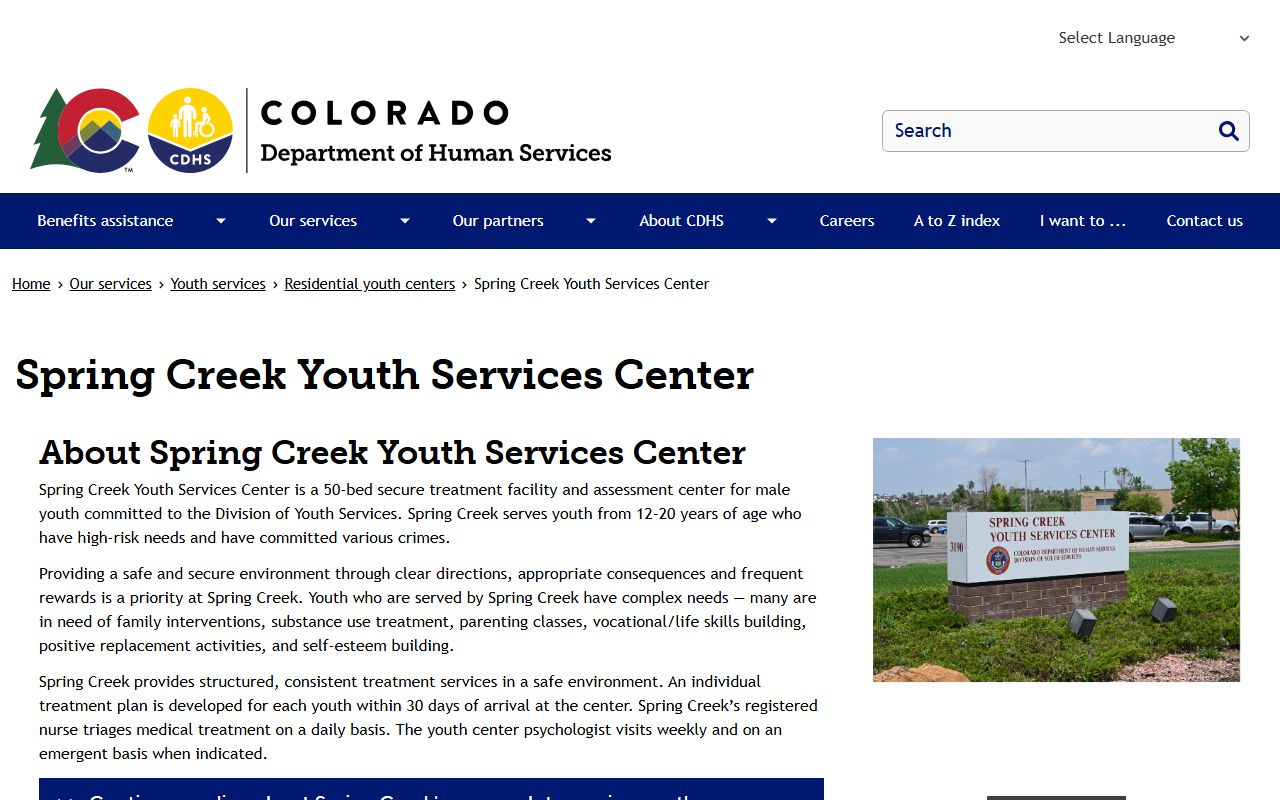 CDHS Spring Creek Youth Services Center page with facility details and contact information