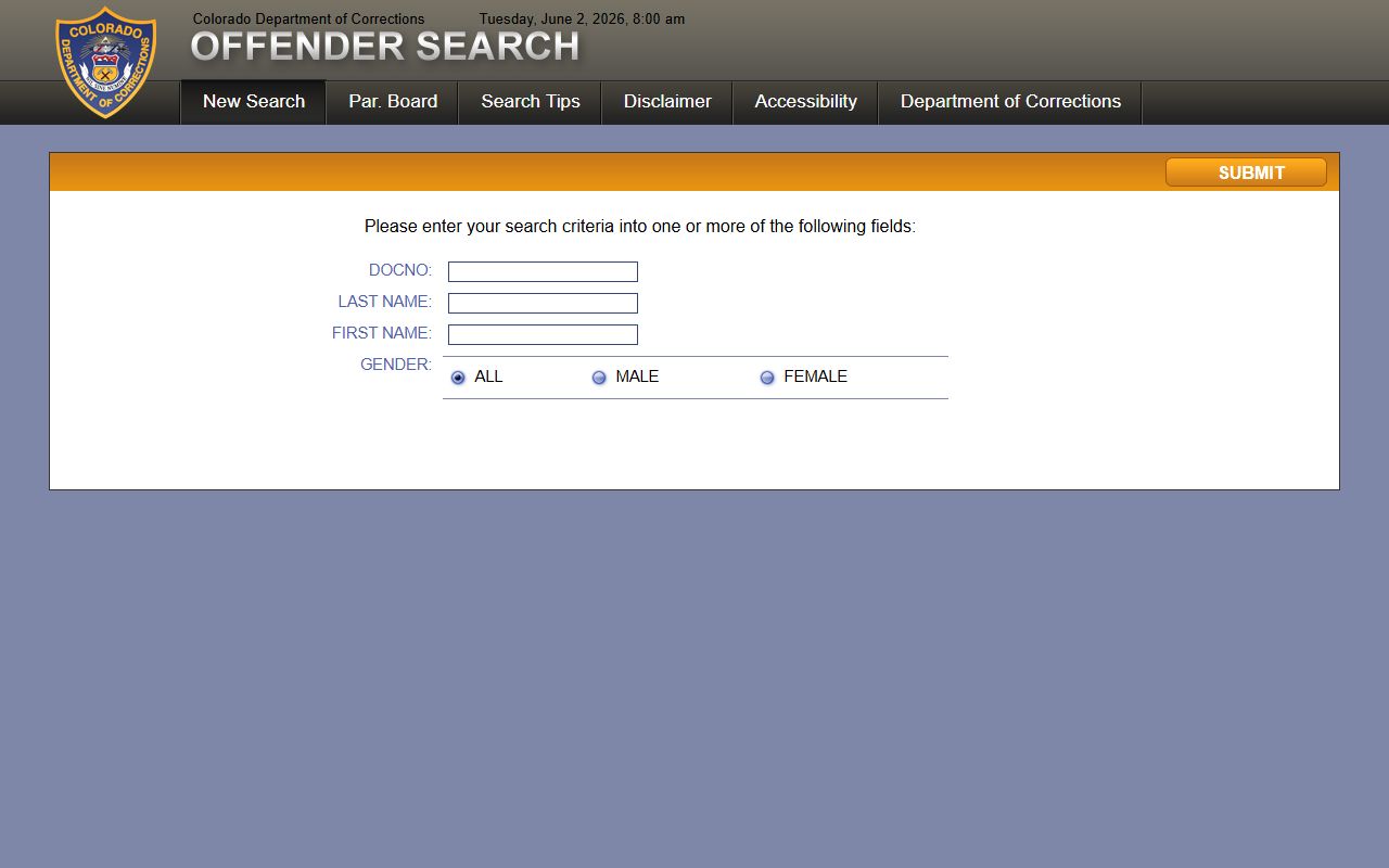 Colorado Department of Corrections offender search form